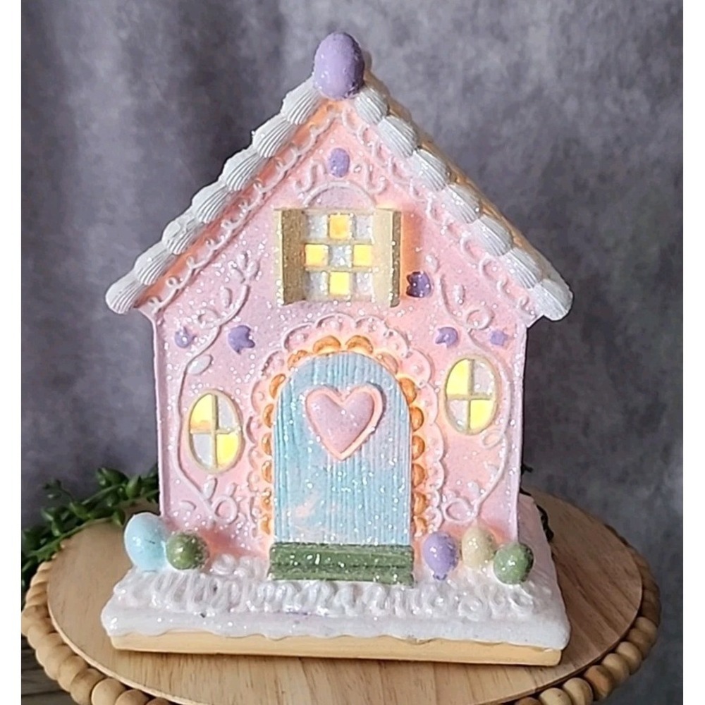 Easter Gingerbread House LIGHT UP Tabletop Decor‎ Eggs 8" Pink Purple Spring NEW